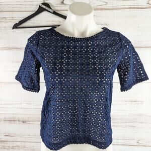 Loft Unlined Eyelet Navy Blue Crew Neck Tee sz Small Petite loft